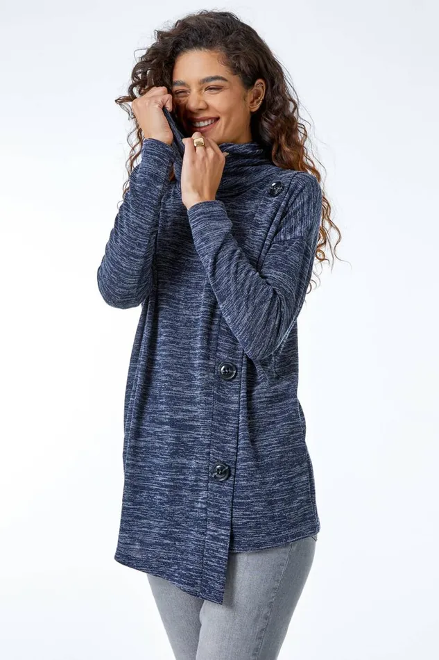 Midnight Blue Roll Neck Button Detail Tunic Top Women Roman Tops
