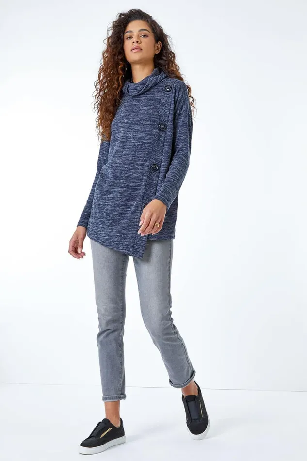 Midnight Blue Roll Neck Button Detail Tunic Top Women Roman Tops