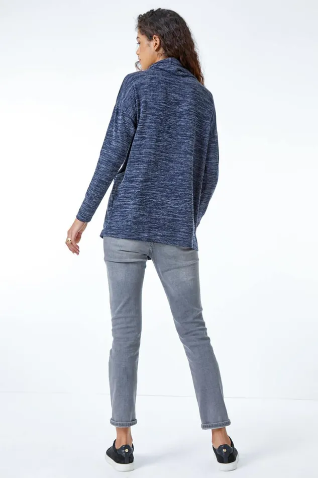 Midnight Blue Roll Neck Button Detail Tunic Top Women Roman Tops