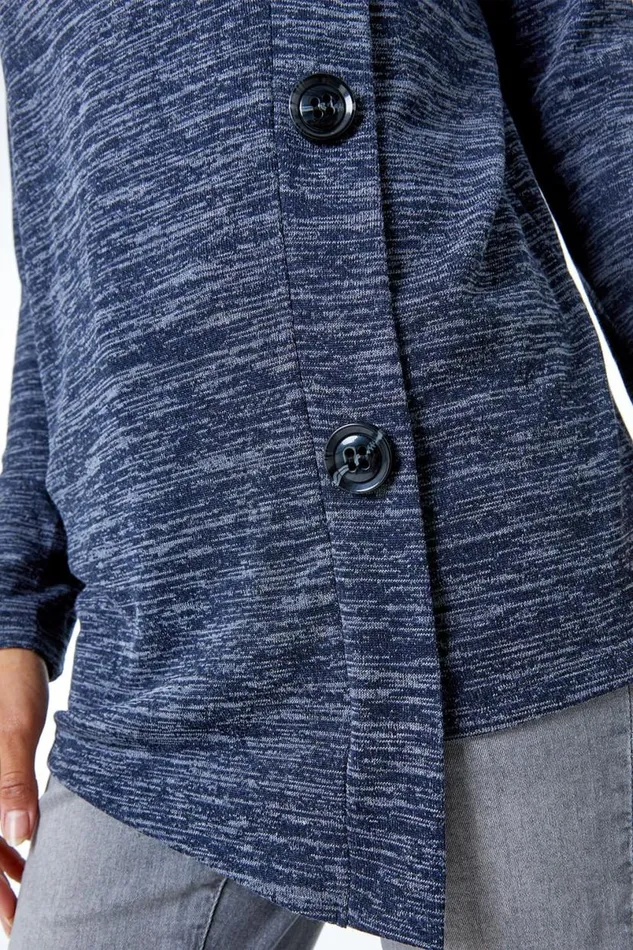 Midnight Blue Roll Neck Button Detail Tunic Top Women Roman Tops