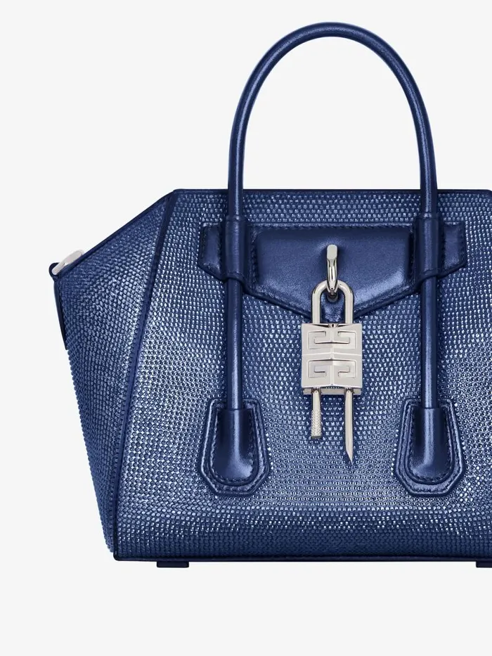 Mini Antigona Lock Bag In Satin With Strass Petrol Blue Women Givenchy Crossbody Bags