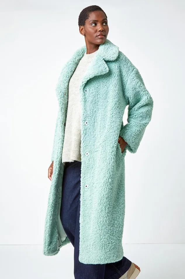 Mint Longline Faux Fur Teddy Borg Coat Women Roman Coats