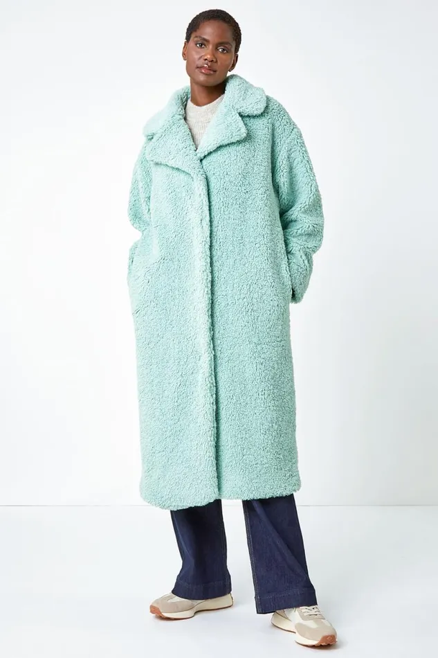Mint Longline Faux Fur Teddy Borg Coat Women Roman Coats