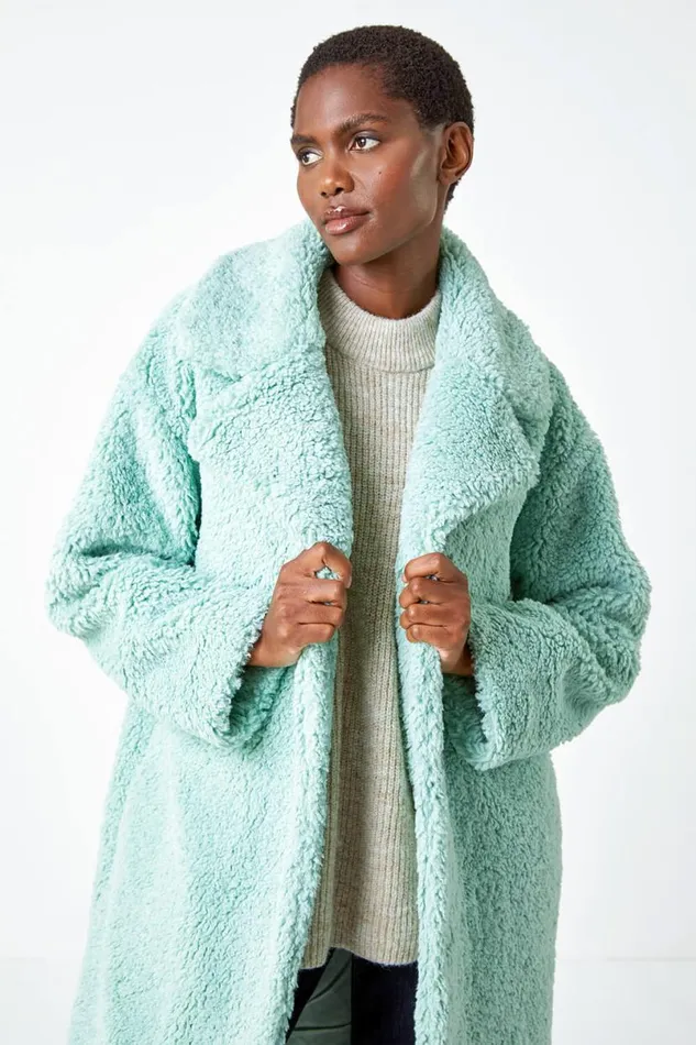 Mint Longline Faux Fur Teddy Borg Coat Women Roman Coats