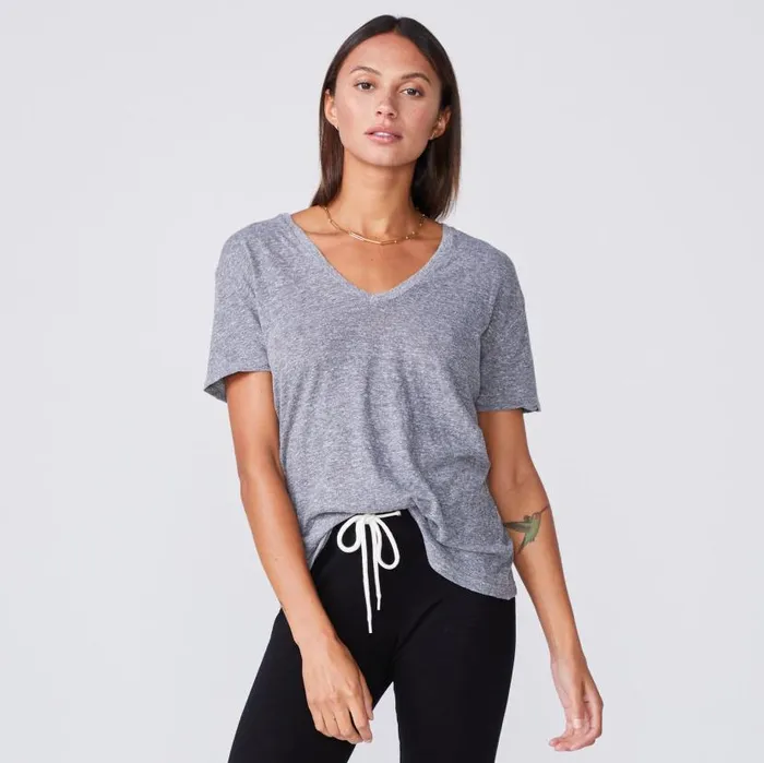 MONROW Tees Textured Tri Blend Relaxed V Neck Tee 8211 Granite 8211 Women