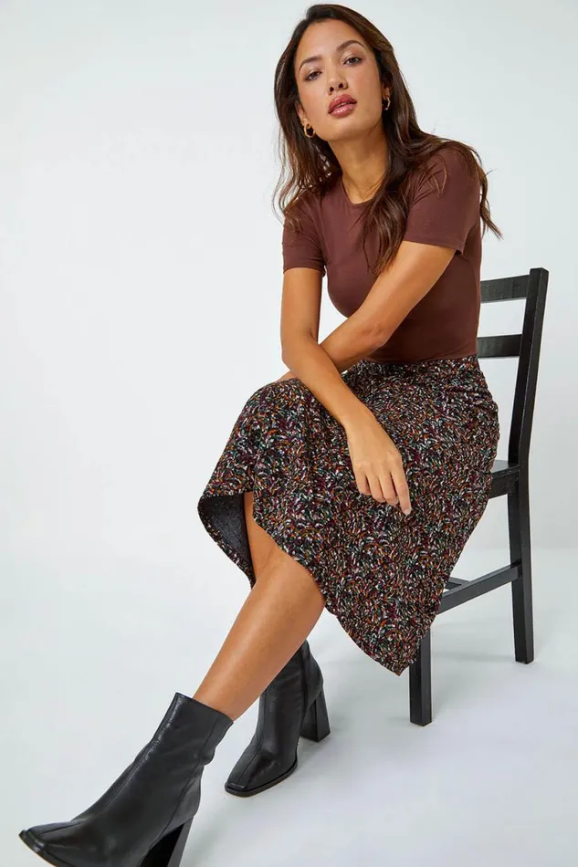 Multi Textured Abstract Print Stretch A Line Skirt Women Roman Skirts