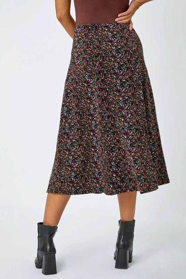 Multi Textured Abstract Print Stretch A Line Skirt Women Roman Skirts