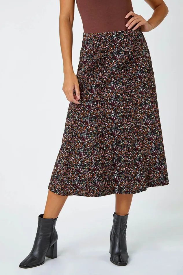 Multi Textured Abstract Print Stretch A Line Skirt Women Roman Skirts
