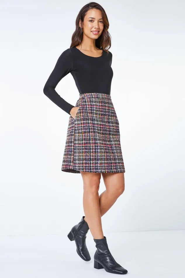 Multi Textured Check Mini A Line Skirt Women Roman Skirts