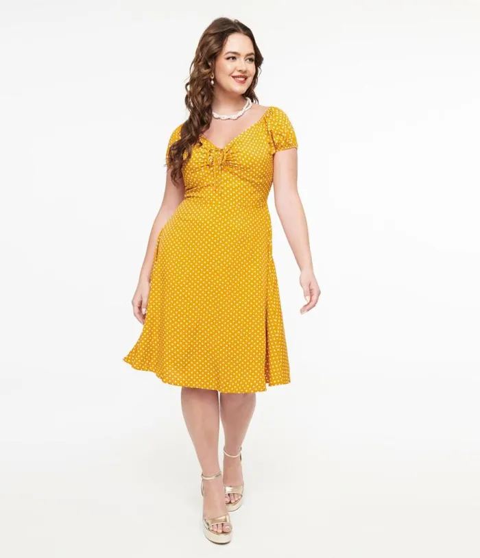 Mustard and White Polka Dot Fit and Flare Dress Dresses Unique Vintage Fit and Flare Mustard and White Polka Dot Fit and Flare Dress Dresses Unique Vintage Fit and Flare