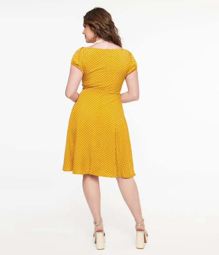 Mustard and White Polka Dot Fit and Flare Dress Dresses Unique Vintage Fit and Flare