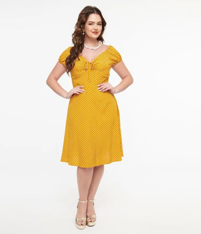 Mustard and White Polka Dot Fit and Flare Dress Dresses Unique Vintage Fit and Flare