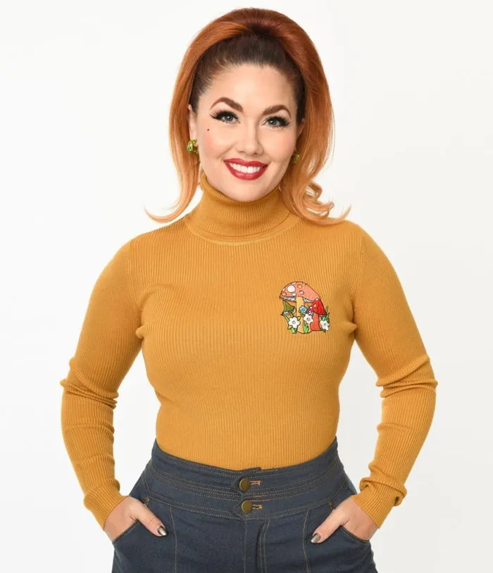 Mustard Yellow Mushroom Embroidered Turtleneck Sweater Clothing Unique Vintage Sweaters and Cardigans Mustard Yellow Mushroom Embroidered Turtleneck Sweater Clothing Unique Vintage Sweaters and Cardigans