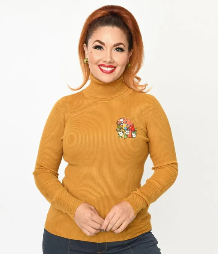 Mustard Yellow Mushroom Embroidered Turtleneck Sweater Clothing Unique Vintage Sweaters and Cardigans