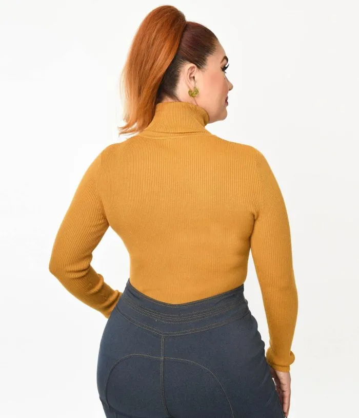 Mustard Yellow Mushroom Embroidered Turtleneck Sweater Clothing Unique Vintage Sweaters and Cardigans
