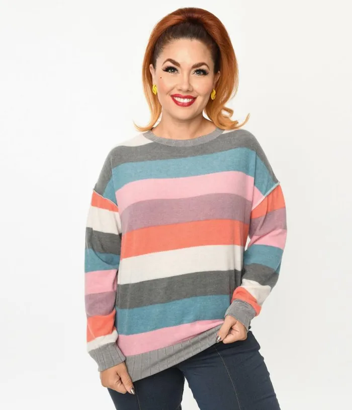 Muted Multicolor Striped Hacci Knit Sweater Clothing Unique Vintage Sweaters and Cardigans