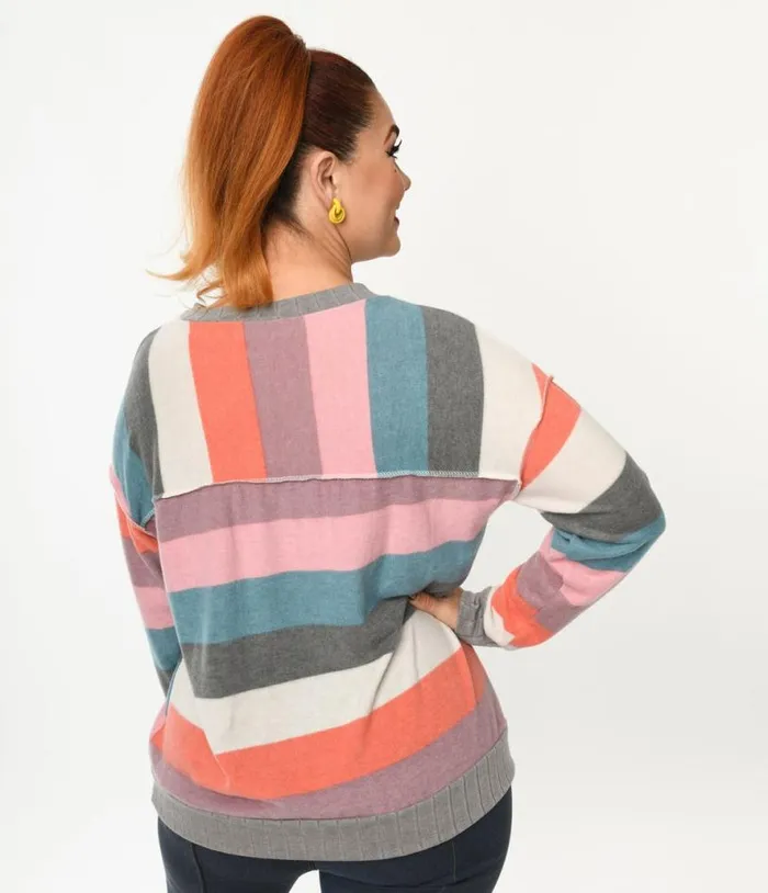 Muted Multicolor Striped Hacci Knit Sweater Clothing Unique Vintage Sweaters and Cardigans