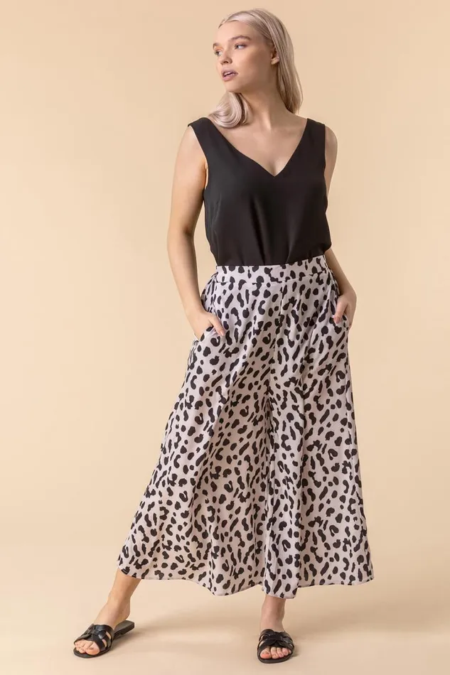 Natural Animal Print Culottes Women Roman Trousers