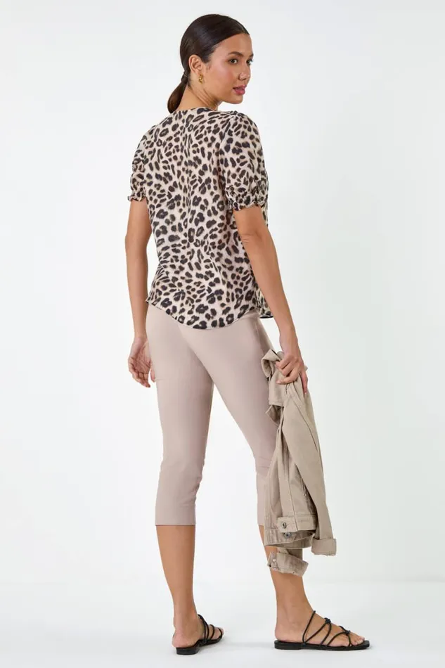 Natural Animal Print Frill Front Top Women Roman Tops