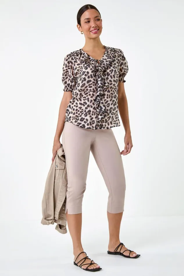 Natural Animal Print Frill Front Top Women Roman Tops