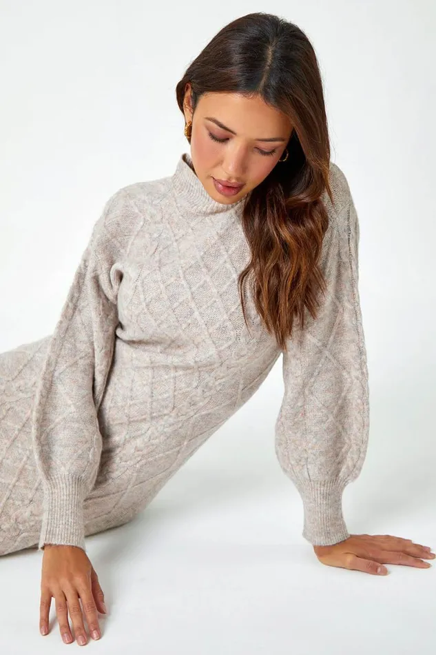 Natural Cable Knit Jumper Stretch Dress Women Roman Dresses