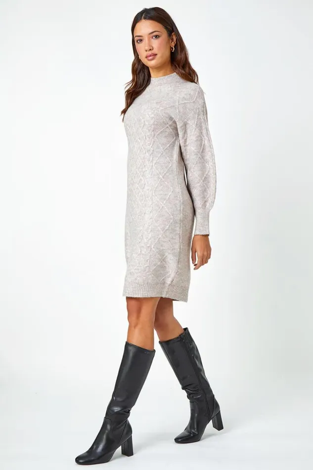 Natural Cable Knit Jumper Stretch Dress Women Roman Dresses
