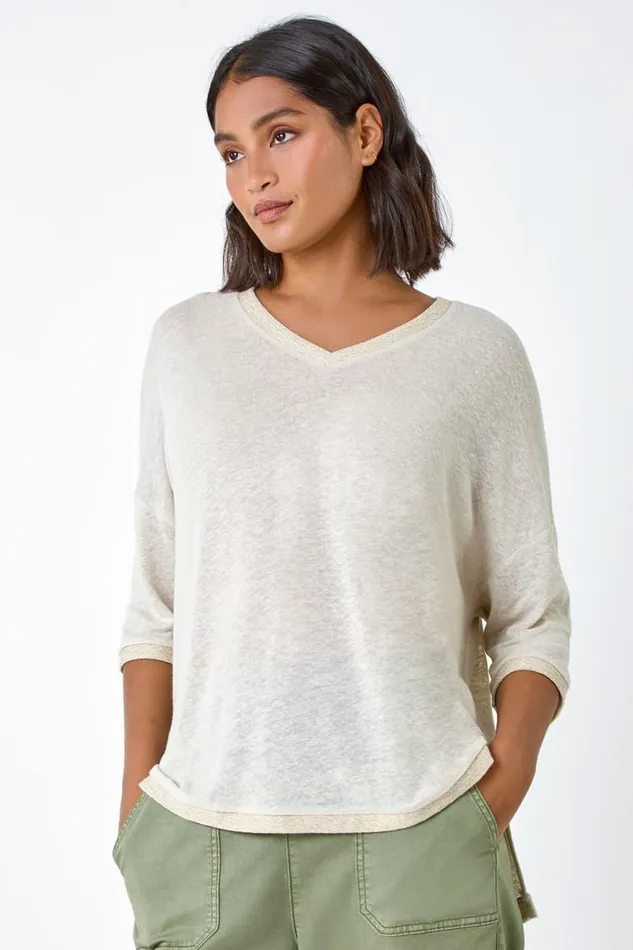 Natural Metallic Linen Blend Knitted Top Women Roman Tops