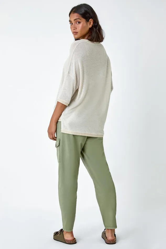 Natural Metallic Linen Blend Knitted Top Women Roman Tops