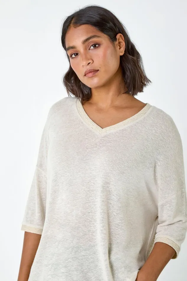 Natural Metallic Linen Blend Knitted Top Women Roman Tops