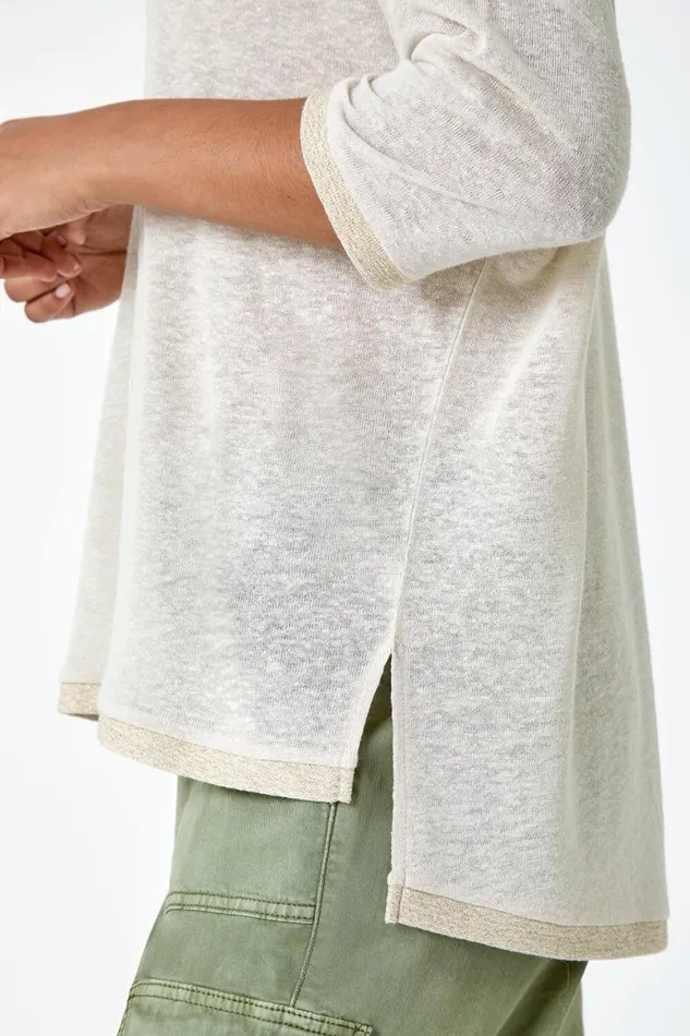 Natural Metallic Linen Blend Knitted Top Women Roman Tops