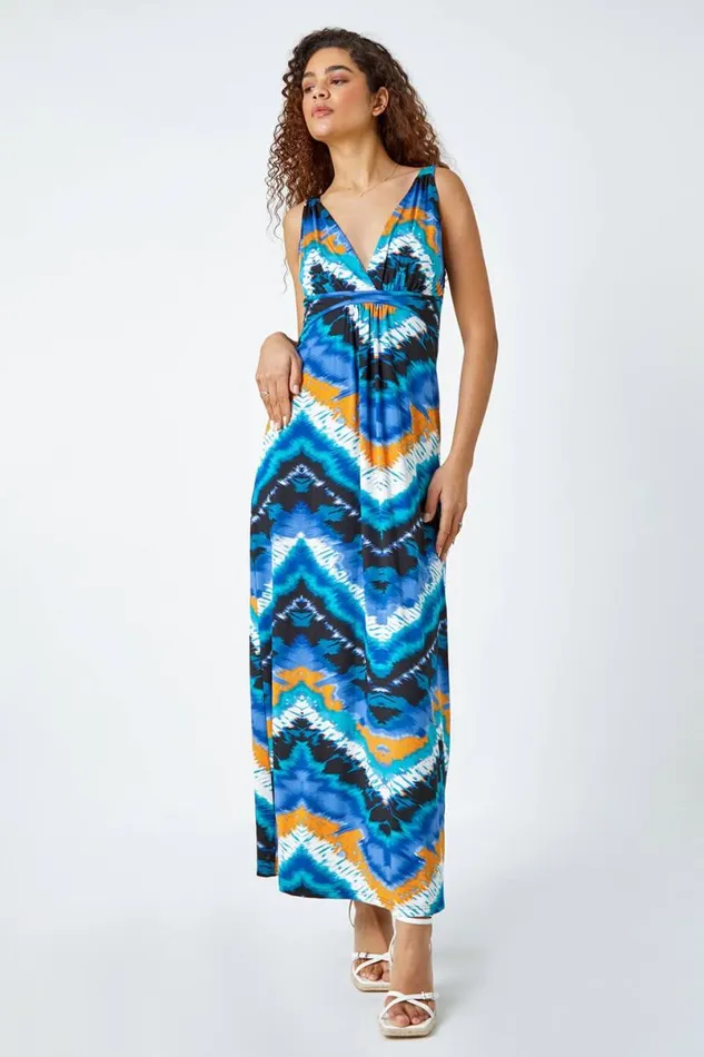 Navy Abstract Print Maxi Stretch Dress Women Roman Dresses