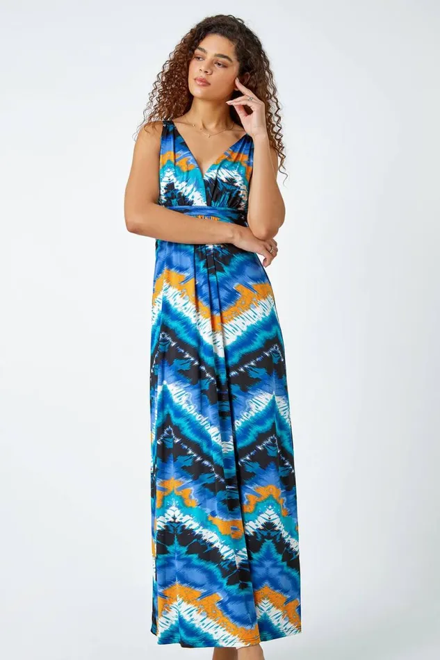 Navy Abstract Print Maxi Stretch Dress Women Roman Dresses