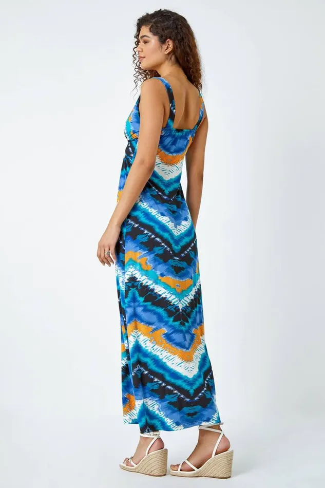 Navy Abstract Print Maxi Stretch Dress Women Roman Dresses