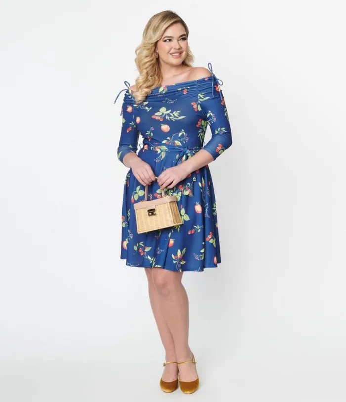 Navy and Orchard Print Off Shoulder Flare Dress Dresses Unique Vintage Fit and Flare