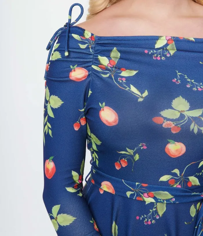 Navy and Orchard Print Off Shoulder Flare Dress Dresses Unique Vintage Fit and Flare