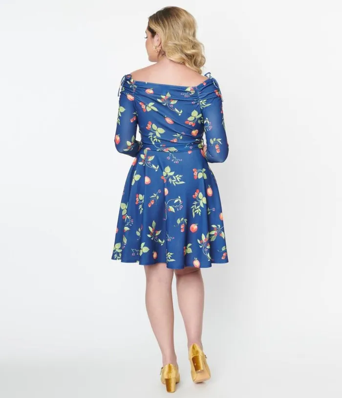 Navy and Orchard Print Off Shoulder Flare Dress Dresses Unique Vintage Fit and Flare