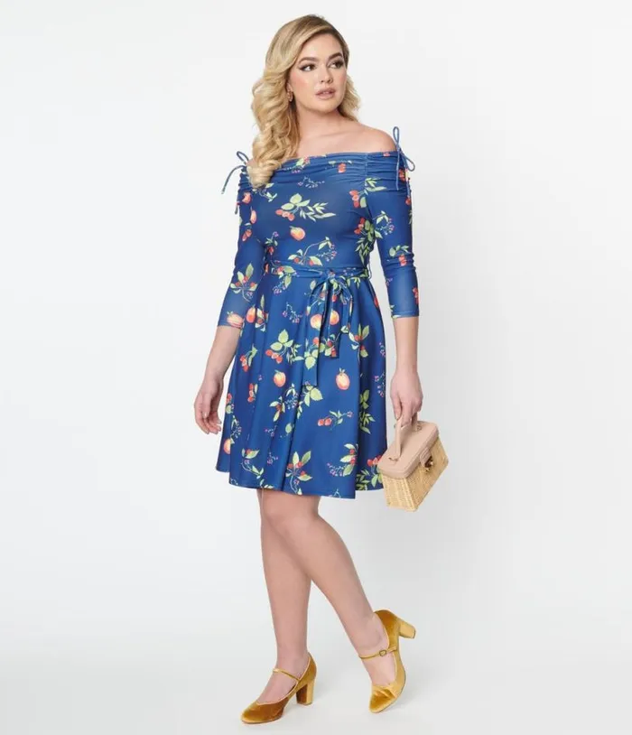 Navy and Orchard Print Off Shoulder Flare Dress Dresses Unique Vintage Fit and Flare