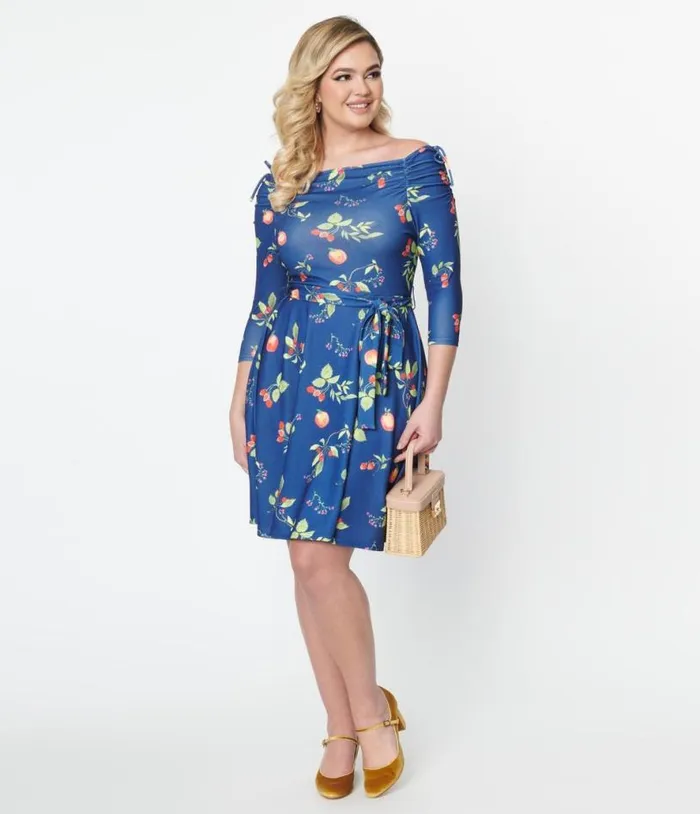 Navy and Orchard Print Off Shoulder Flare Dress Dresses Unique Vintage Fit and Flare