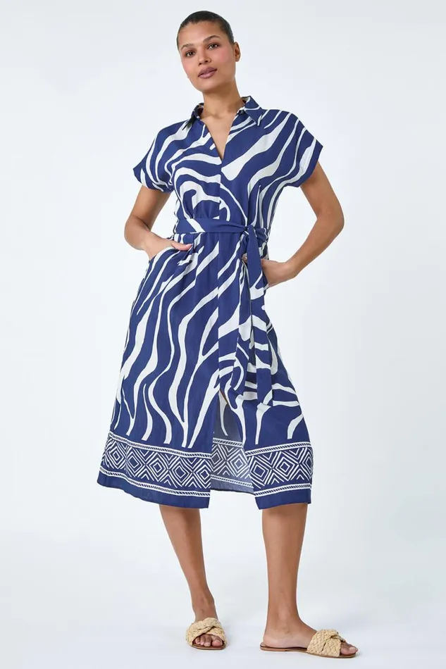 Navy Animal Border Print Pocket Midi Dress Women Roman Dresses