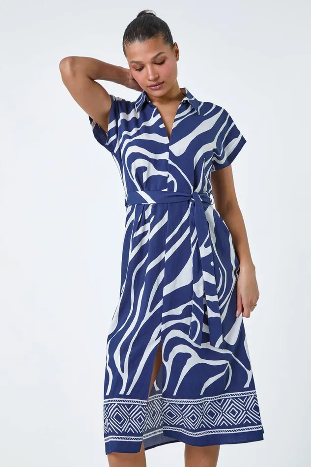 Navy Animal Border Print Pocket Midi Dress Women Roman Dresses