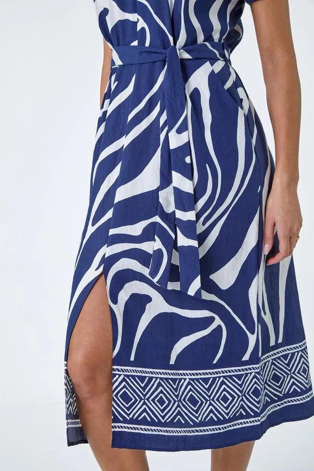 Navy Animal Border Print Pocket Midi Dress Women Roman Dresses