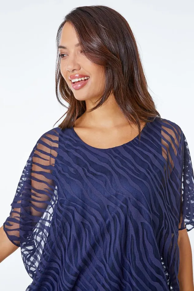 Navy Animal Burnout Blouson Stretch Top Women Roman Tops