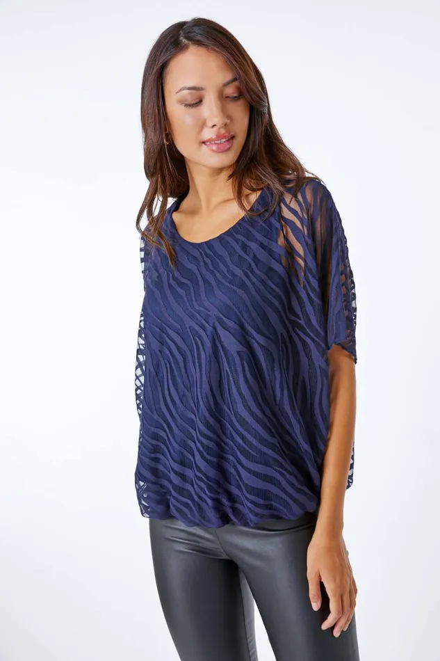 Navy Animal Burnout Blouson Stretch Top Women Roman Tops