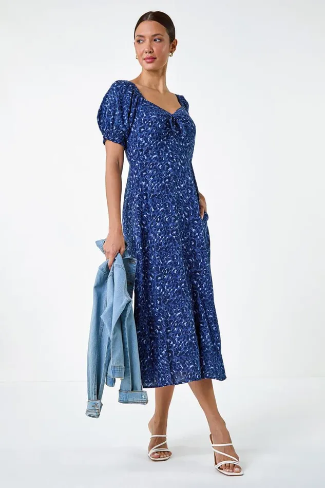 Navy Animal Print Ruched Puff Sleeve Midi Dress Women Roman Dresses