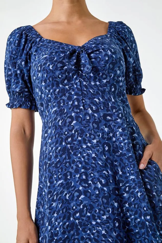 Navy Animal Print Ruched Puff Sleeve Midi Dress Women Roman Dresses