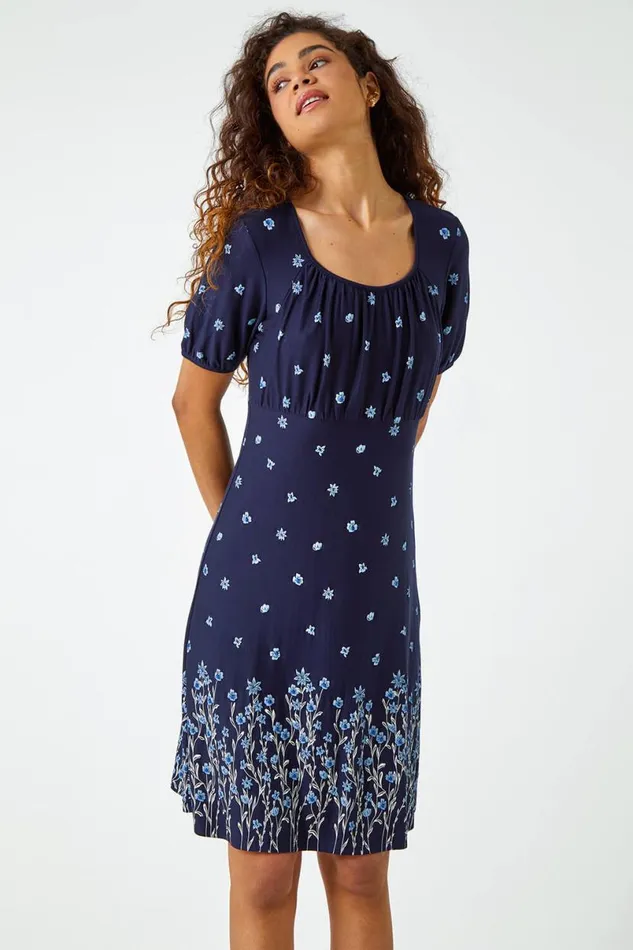 Navy Border Print Floral Dress Women Roman Dresses