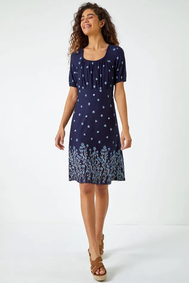 Navy Border Print Floral Dress Women Roman Dresses