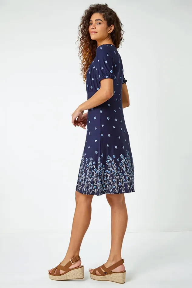 Navy Border Print Floral Dress Women Roman Dresses