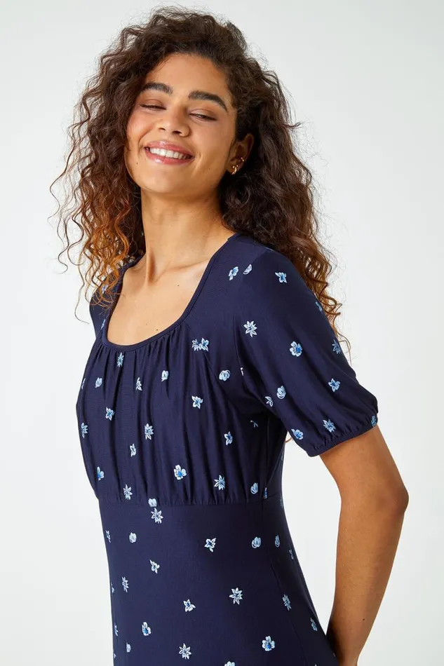 Navy Border Print Floral Dress Women Roman Dresses