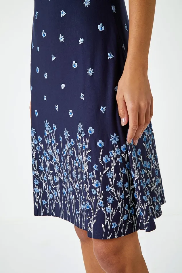 Navy Border Print Floral Dress Women Roman Dresses